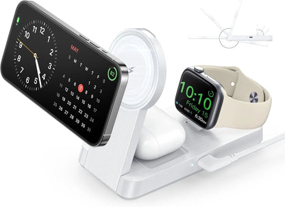 3 in 1 Charging Station - 2026 Foldable Wireless Charger Compatible for Iphone 17/16/15/14/13/12 plus Pro Max, Iwatch & Airpods, White