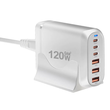 120W GAN Charger, 6-Port USB Type C PD Fast Charger Quick Charge 3.0 USB Type C Fast Charger Mobile USB Charger Tablet Charger